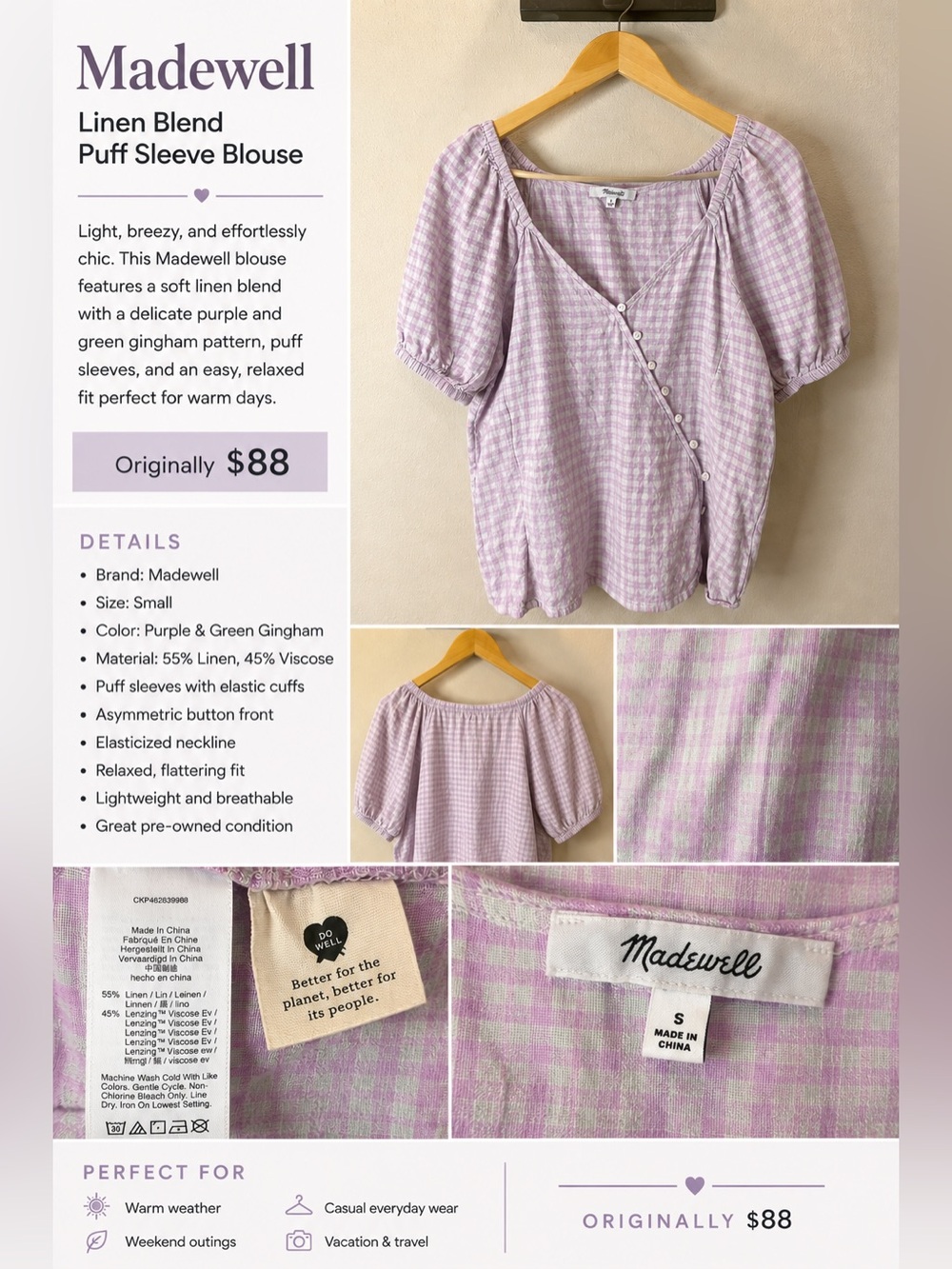 Madewell Sweet Lavender Plaid Linen Puff Sleeve Wrap Top S